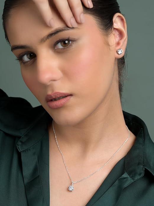 925 Sterling Silver Round Solitaire Pendant Earring Chain Jewellery Set