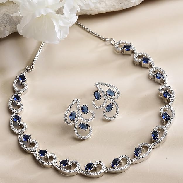 ZENEME Rhodium-Plated with Silver-Toned White Cubic Zirconia & American Diamond studded Necklace and Drop Earrings Jewellery